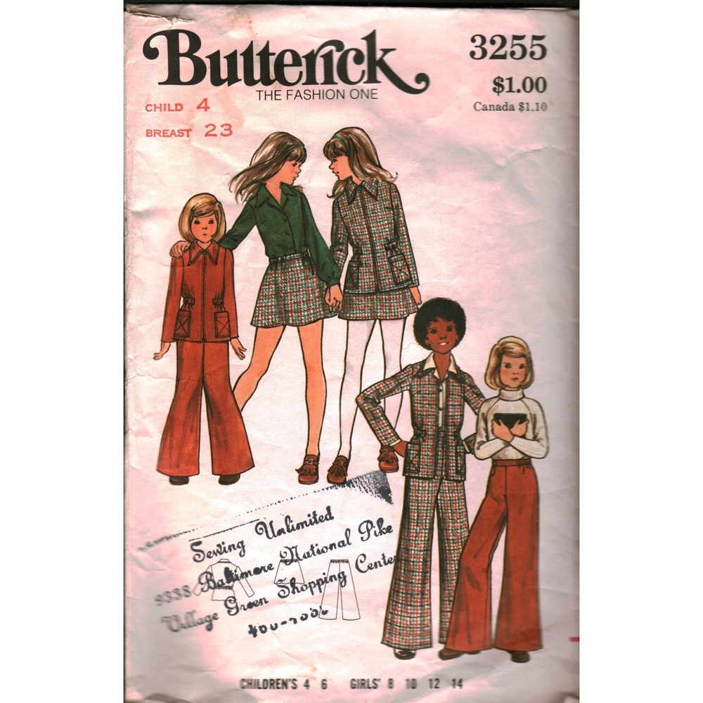 Butterick 3255 Vintage 70s Girls Jacket Skirt Pants Sewing Pattern 4 Breast 23
